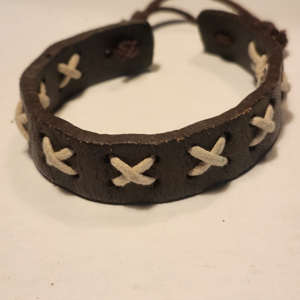 Brown Leather Bracelet with Cream Accents
